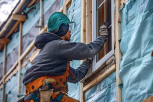 A homeowner scrapes peeling paint from a wooden exterior wall using a handheld scraper.