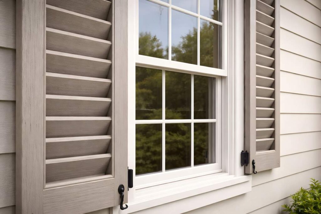 A person cleaning light-colored vinyl siding on a two-story house using a hose and soft brush.